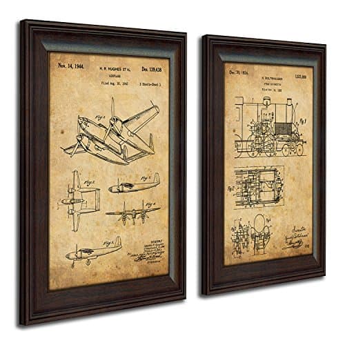 2 pc Framed Modern Patent Set - Steam Engine, Plane 14"x17" each