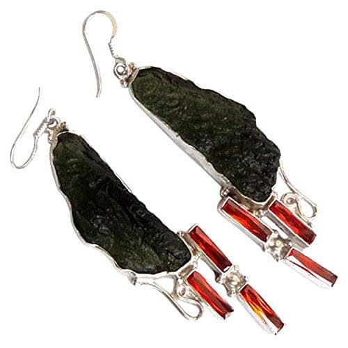 Silver Plated Handmade Earring 3 1/4'' Moldavite Red cz Gemstone Fashion Jewelry-199