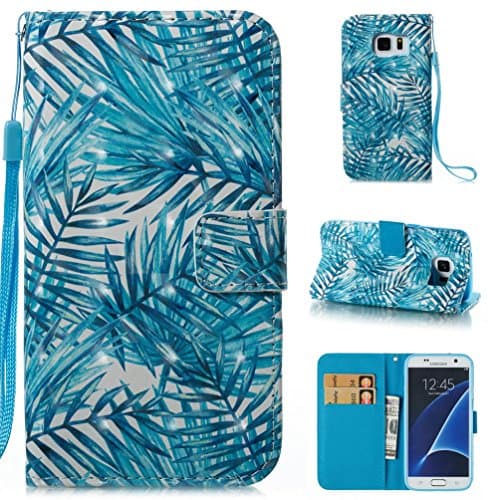 Galaxy S7 Case, Firefish Synthetic Leather Shell Wristlet Strap Flip Folio Stand Cover Full-Body 3D Painted Protective Wallet Cover with ID&Credit Card Pockets for Samsung Galaxy S7 5.1 inch-Leaves