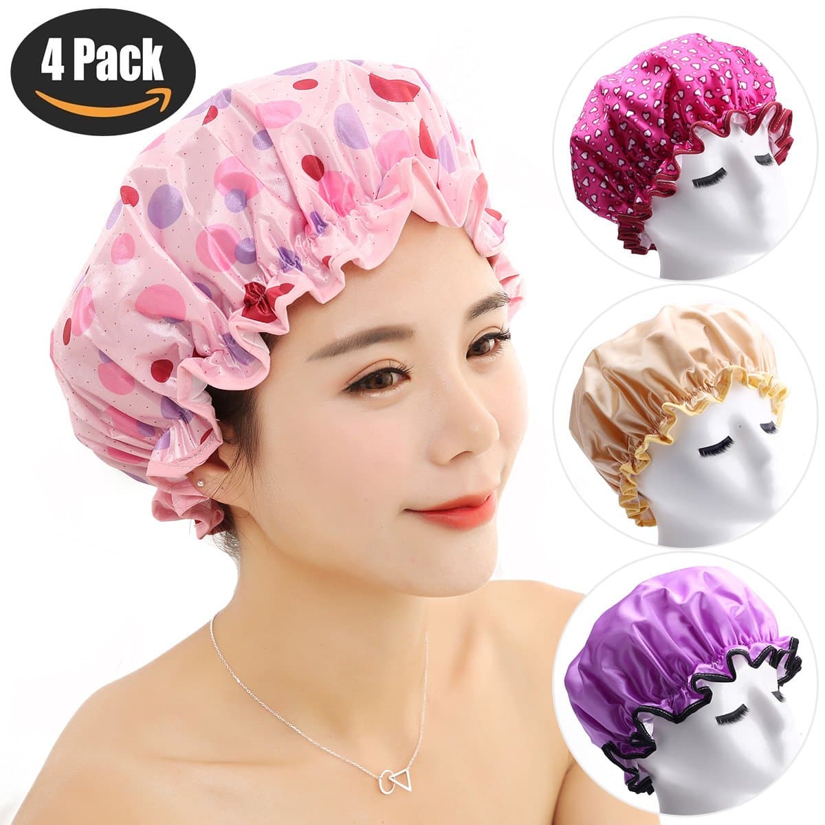 EBEYUKI Shower Cap 4 PACK Bath Cap Designed for Women Waterproof Double Layer Satin Lined