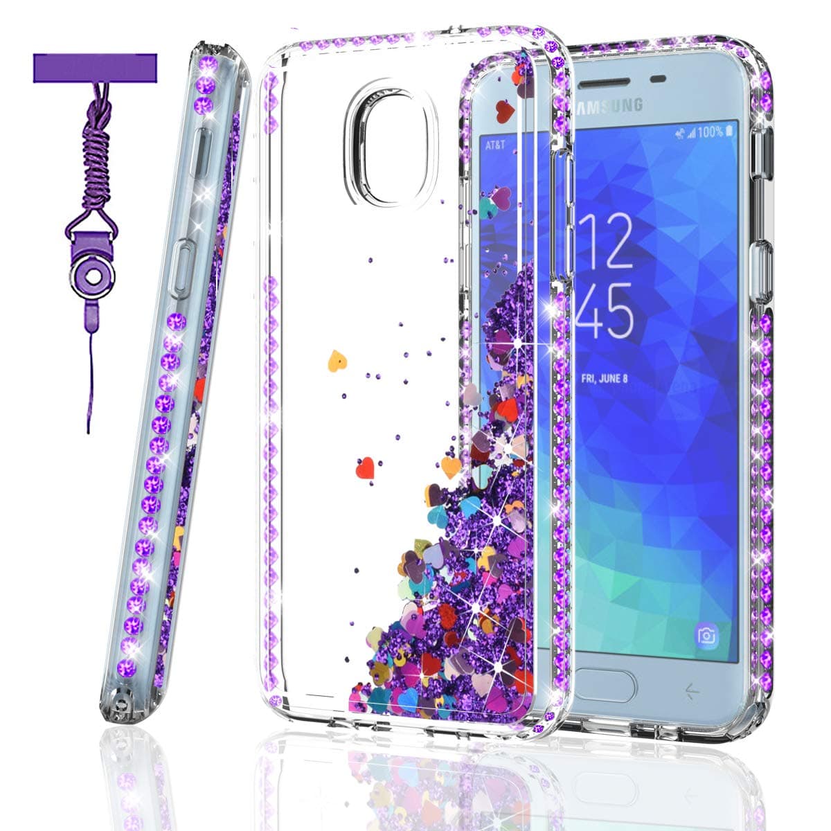 Zingcon Compatible for Samsung Galaxy J3 2018 Phone Case,J4,J337 Glitter Quicksand Case,Sparkle Rhinestone/Crystal Diamond,Liquid Waterfall Floating Quicksand Shockproof Case with Neck Lanyard-Purple
