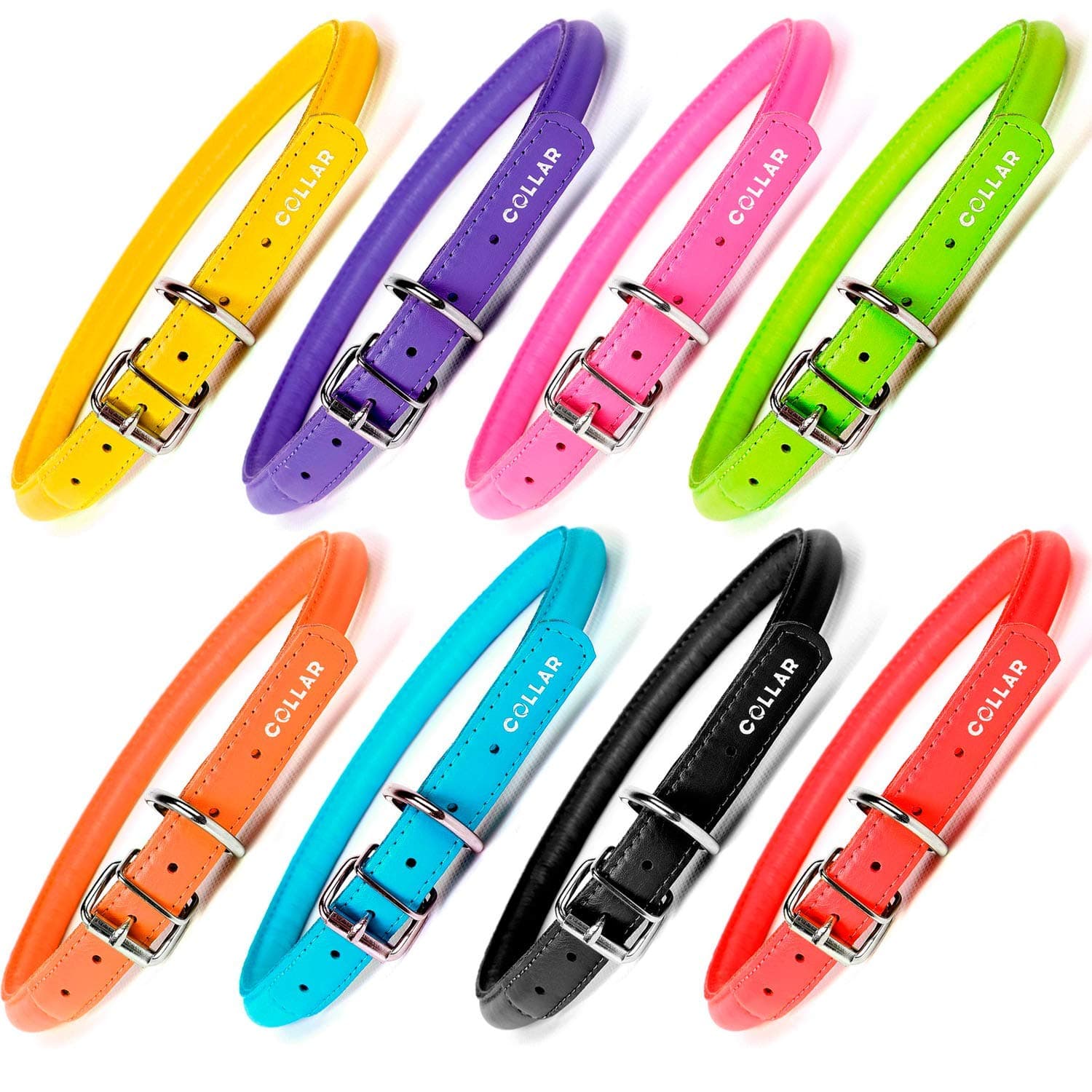 Rolled Leather Dog Collars for Medium Dogs Small Large - Red Black Purple Blue Orange Green Pink Rolled Leather Dog Collar - Leather Cat Collar - PLUS