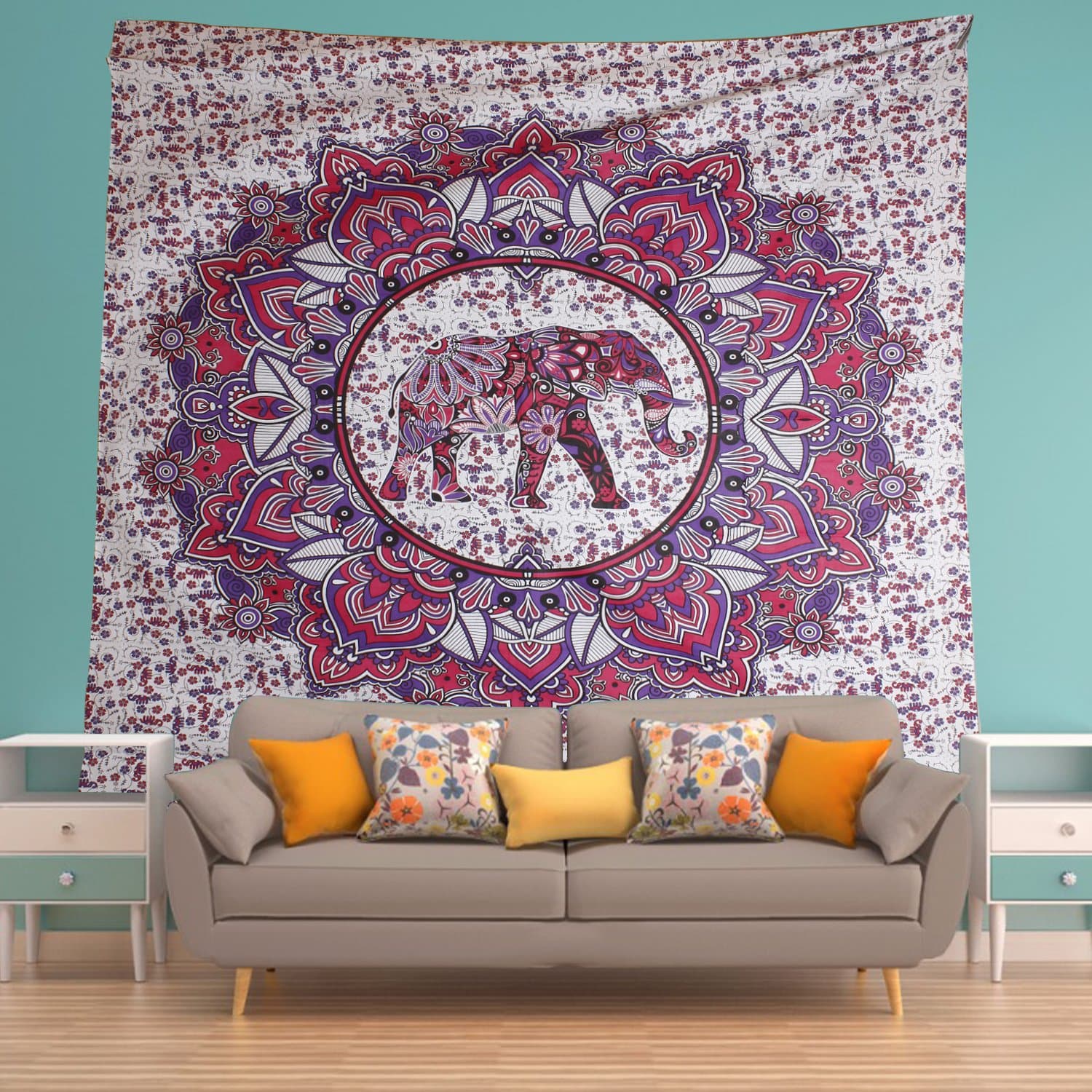 Mandala Decor Elephant Tapestry, geometry pattern wall hanging, Indian printed hippie sacred tapestries Pink