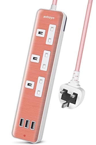 Extension Lead with USB 3 AC Outlets 3 USB Charging Ports Power Strips Multi Socket with 1.8M Nylon Braided Ultra Durable Cable - Rose Gold