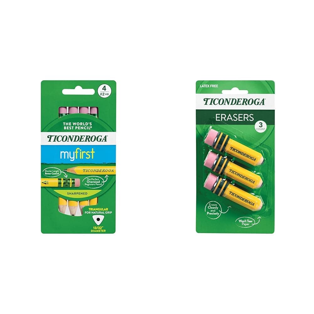 My First Short Triangular Wood-Cased Pencils, 2 HB Soft, With Erasers, Yellow, 4 Count Pencil Bundle With Erasers, Pencil Shaped, Latex-Free, Yellow, 3-Pack