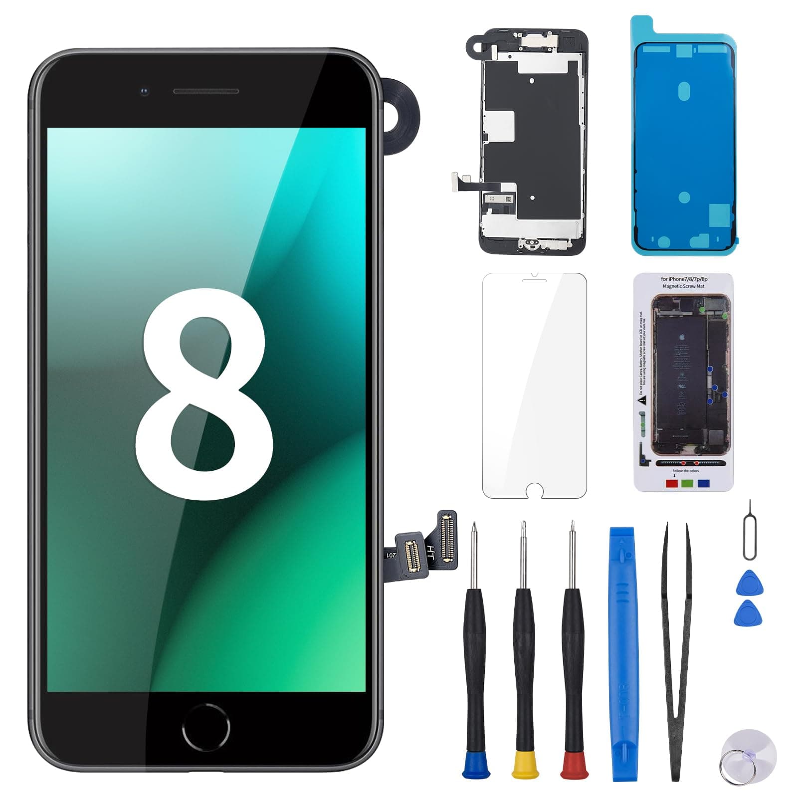 for iPhone 8 Screen Replacement With Home Button 4.7” Black, LCD Display for iPhone SE 2nd 2020 3D Touch Digitizer Full Assembly Repair Kit Front Camera Speaker Sensor, Fix Tools for A1863 A1905 A1906