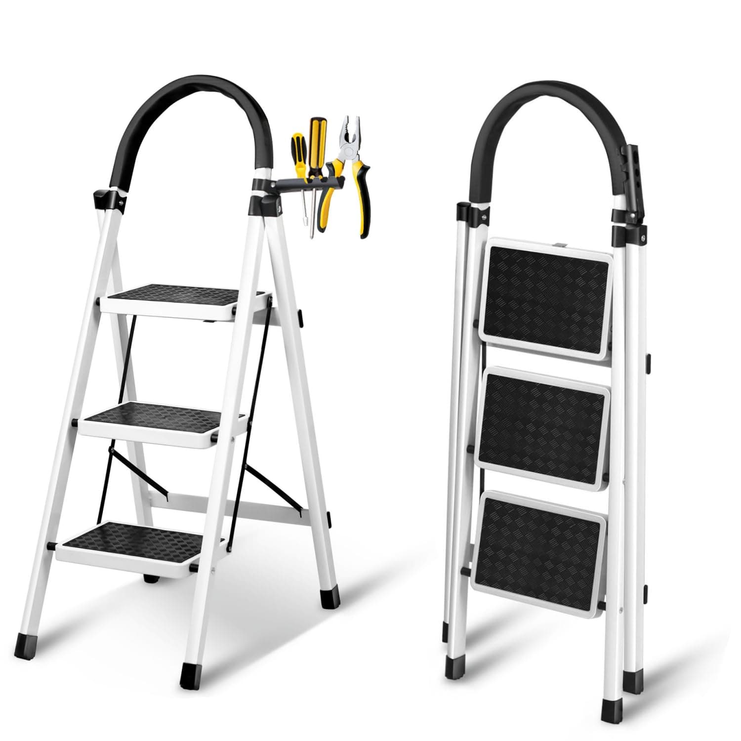 Foldable Ladder 3 Steps, Home Ladder Folding Step Stool with Wide Anti-Slip Pedal, 112 x 68 x 42.5 CM