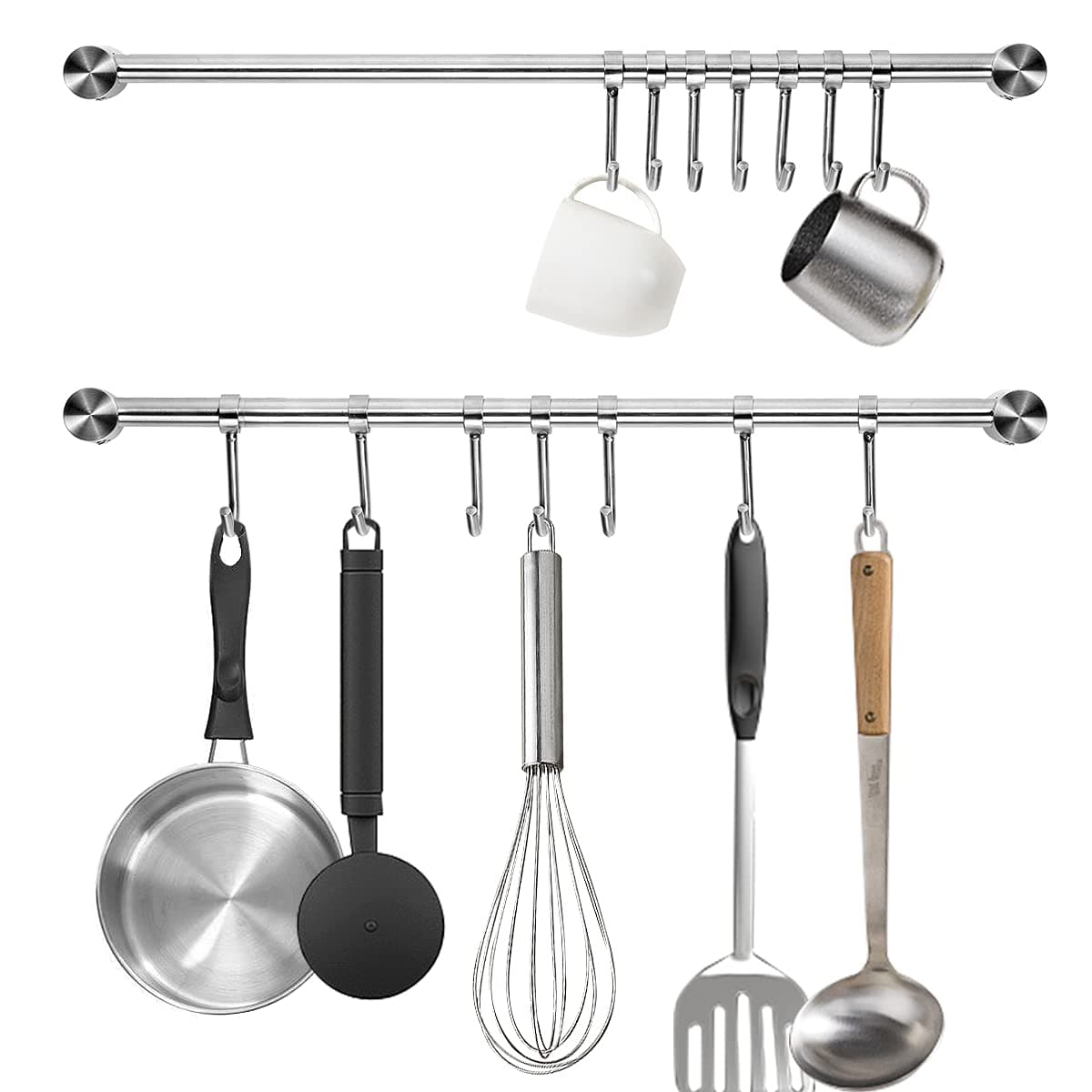 Kitchen Utensil Rack 2 Pack, 15.6 Inch Pots and Pans Hanging Rack Wall Mounted, 304 Stainless Steel Lid Cooking Utensil Hanger, 7 Sliding Hooks for Spatula Spoon, Measuring Cups, Coffee Mug