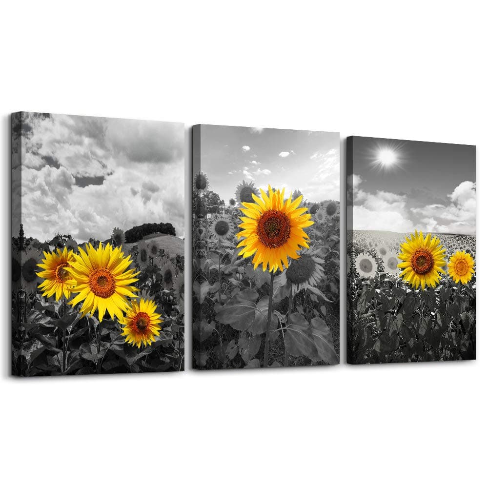 Canvas Wall Art - Family Wall Decor, Kitchen & Bedroom - Black & White Pastoral Scenery - Sunflower Flowers - 16x12, 3 Piece