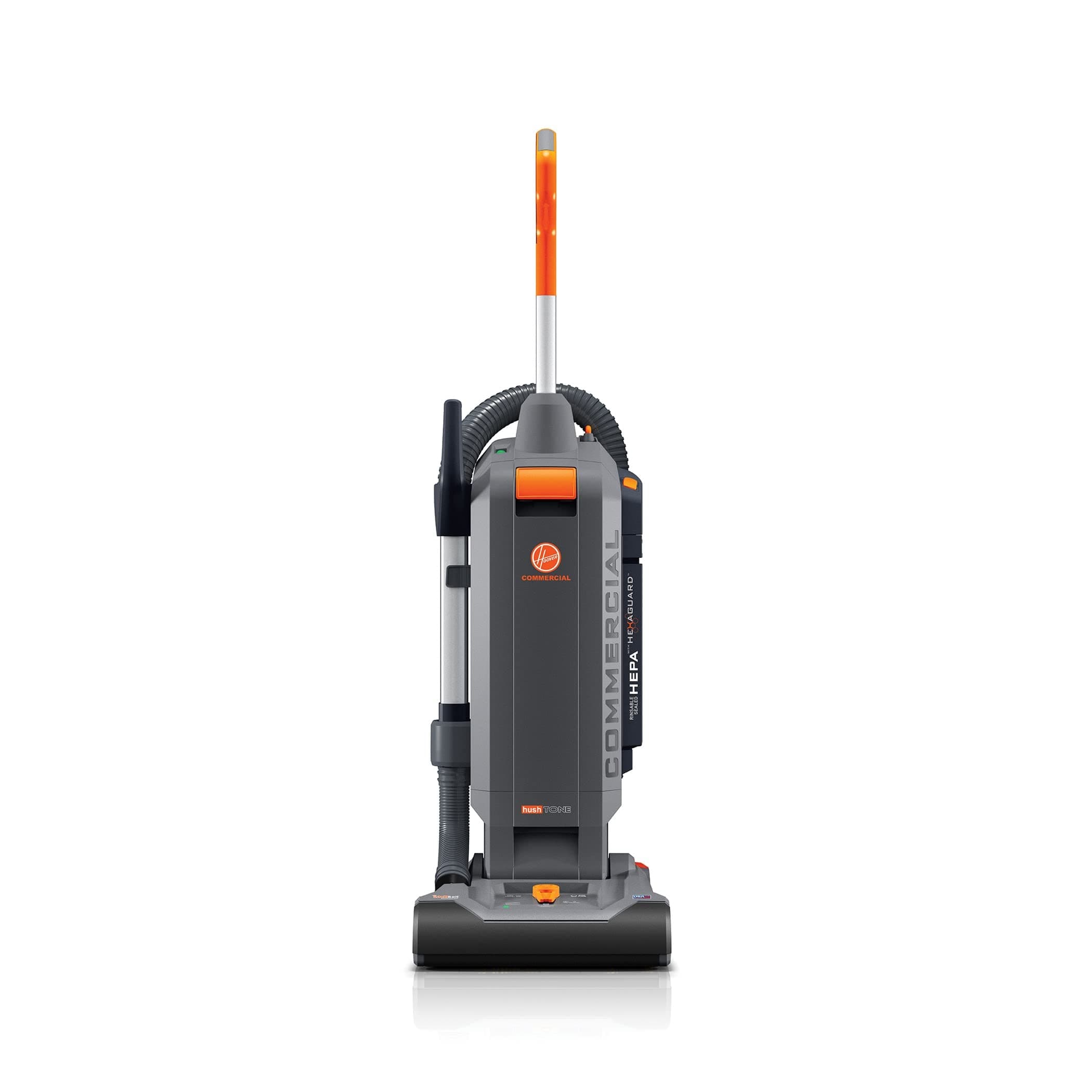 Hoover Commercial HushTone 13-Inch 2-Speed Upright Vacuum Cleaner with IntelliBelt, Quiet Bagged HEPA Filtered Professional Rated, 40-Foot Long Cord, CH54113, Gray/Orange