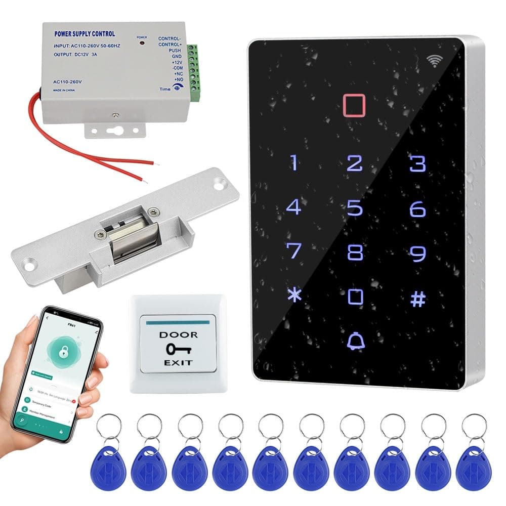WIFI Tuya APP Access Control System Kit RFID Access Control Keypad, 12VDC Power Supply, Fail-Secure Electric Strike Lock, Door Switch Button, 125KHz RFID Badge Key fobs