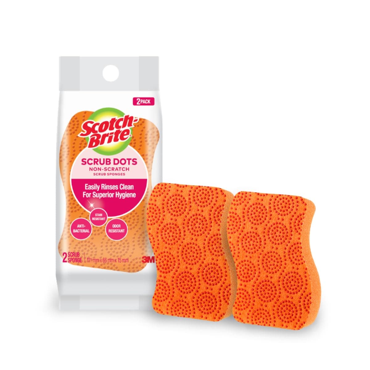 Scrub Dots, Non-Scratch Sponge Suitable for Glassware, Ceramics and Non-Stick, plastic and copper utensils, rinses Clean, no stuck on messes, Anti-bacterial and Stays Odor Free (2 Pieces)