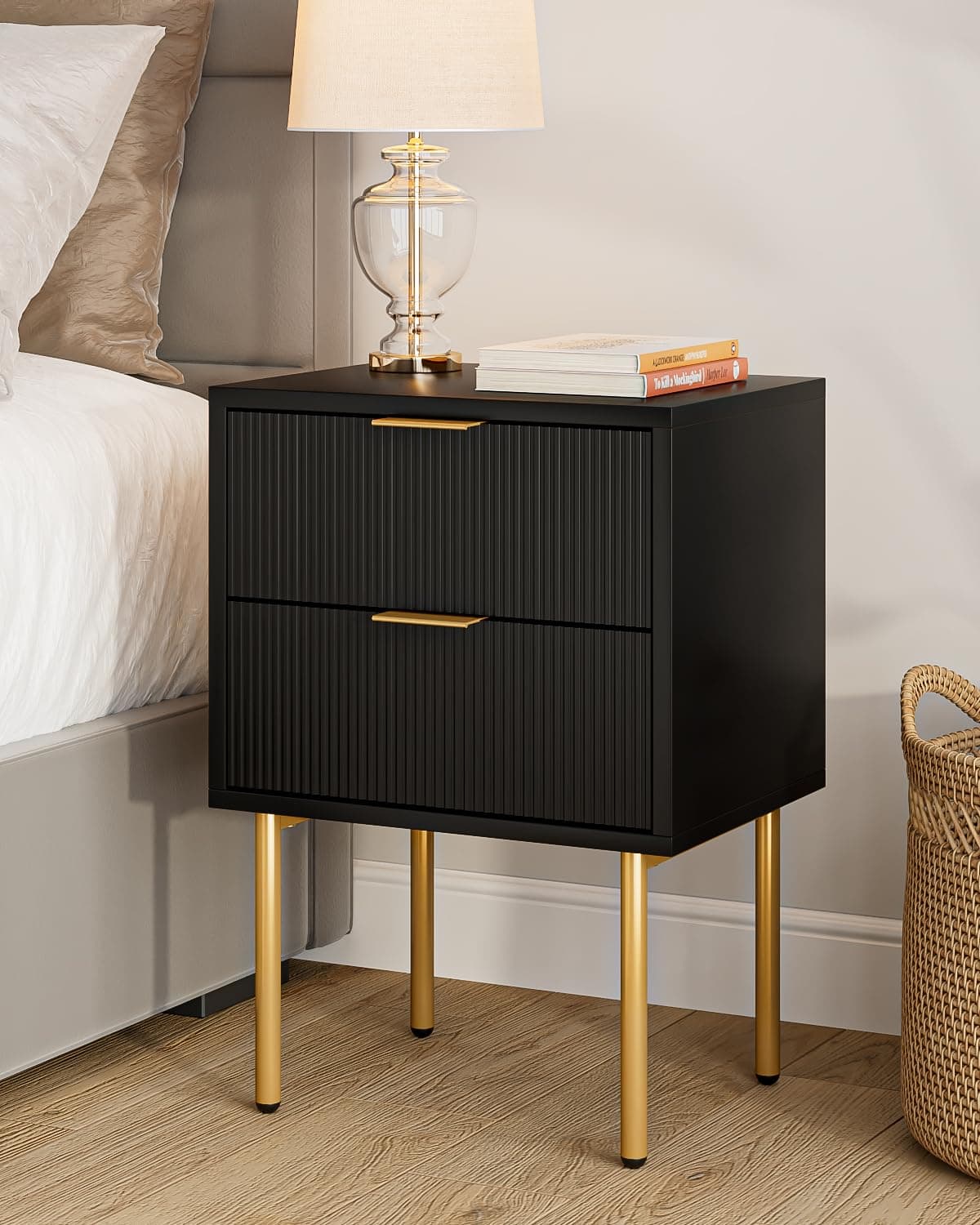 Nightstand,Mid-Century Modern Bedside Table with 2 Storage Drawer,Small Gold Frame Side End Table for Bedroom,Living Room, Black