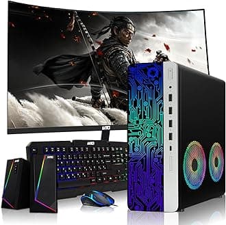 HP G4 Desktop Computer PC AMD Pro A10-9700 R7, 8GB RAM, 256GB SSD, 27-inch Curved Monitor, RGB Speaker, RGB Keyboard with AI-Enabled Copilot Key, Mouse, 2X ARGB Fan WiFi, Windows 11 (Renewed)