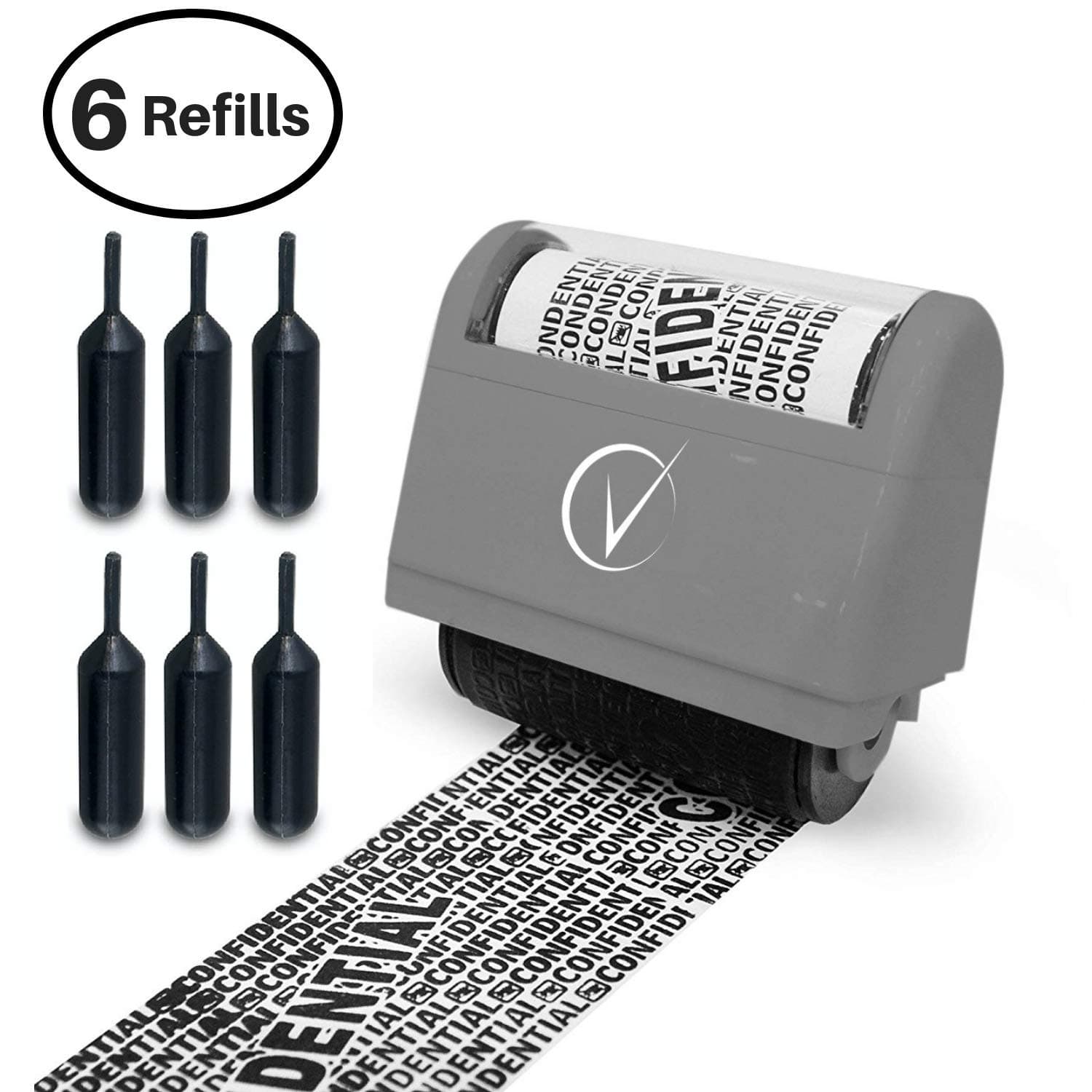 Vantamo Identity Theft Protection Roller Stamp Wide Kit, Complete Set Including 6-Pack Refills - Design for Confidential ID Blackout Security, Anti Theft and Privacy - Classy Gray