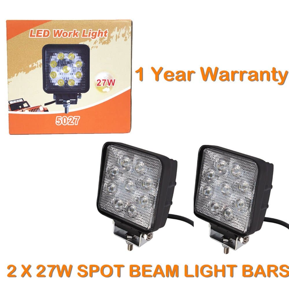 Topautolight 2pcs 27W Square Epistar Led Work Light Waterproof IP67 Spot Beam Off-Road Lamp for SUV ATV UTE 4X4 Jeep 4Wd Boat Truck