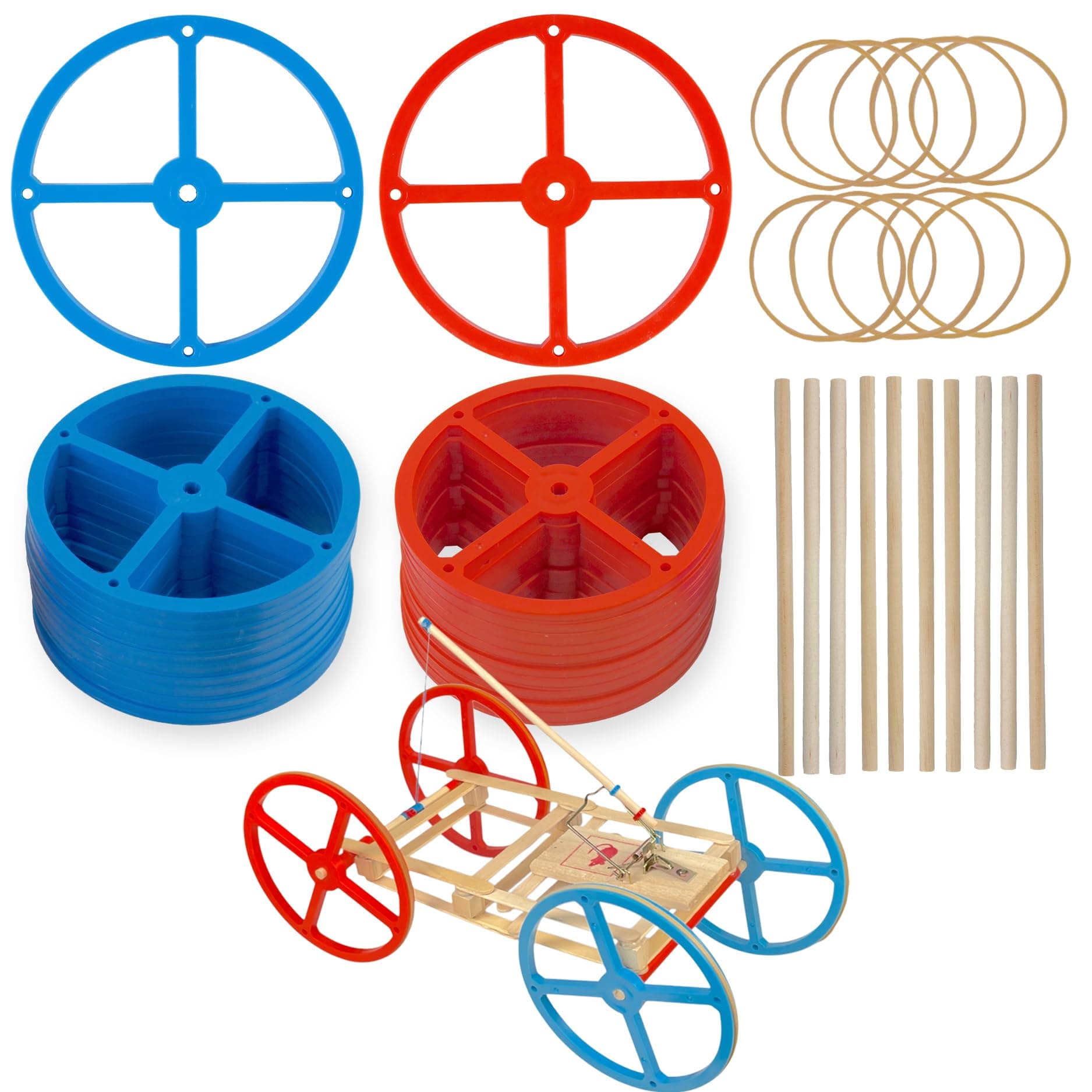 YouMake Large Plastic Project Wheels - 20 Wheels, 20 Rubber Bands, 10 Dowels, and a Project Idea - 4.75 inch Wheel Diameter and 1/4 inch Axel Hole