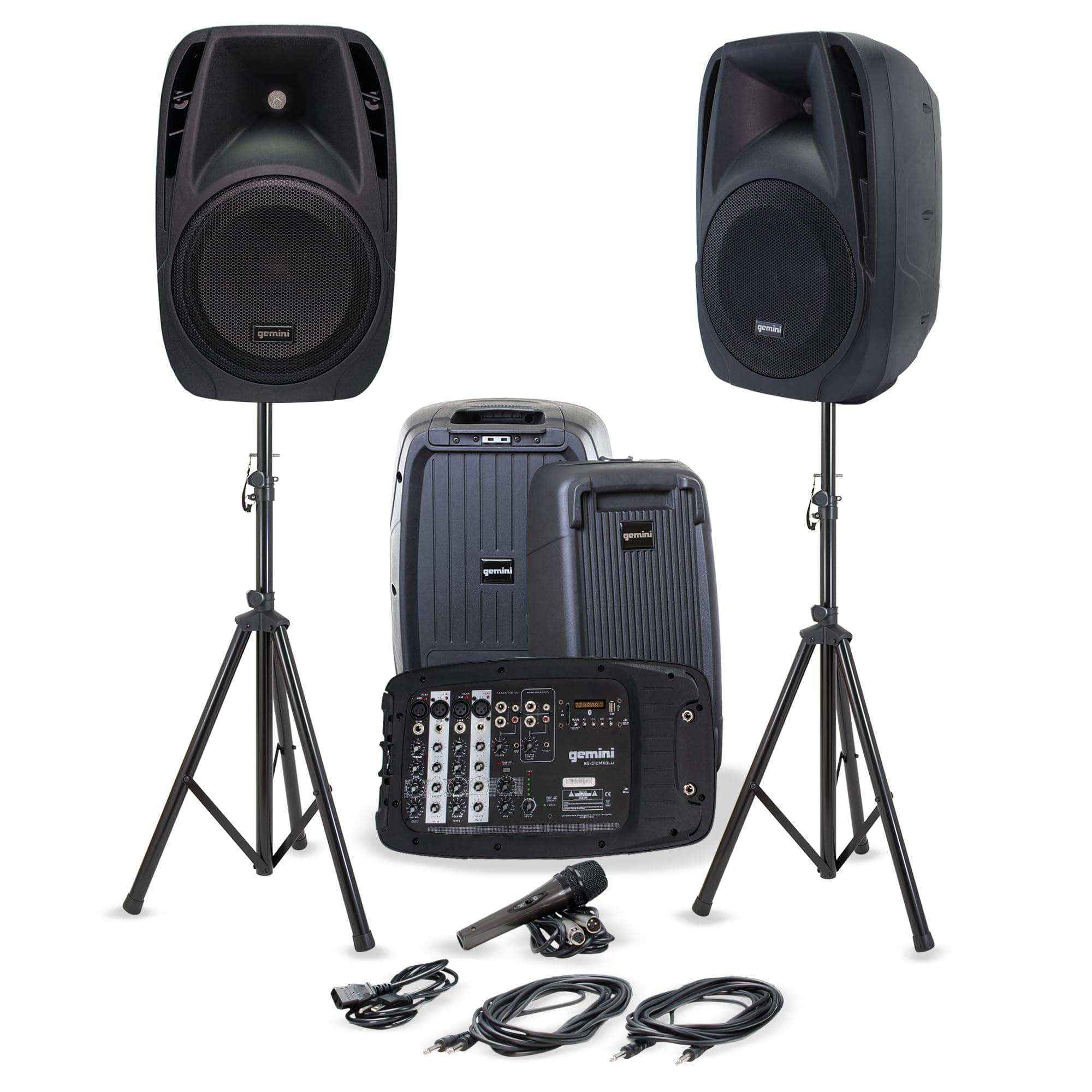 Gemini Portable PA System with Stands Bluetooth Speaker System with 6-Channel Mixer, Dual 10" Speakers, Mic & Cables - Complete All-in-One Kit for Small Events, DJs & Karaoke (ES-210MXBLU-ST)
