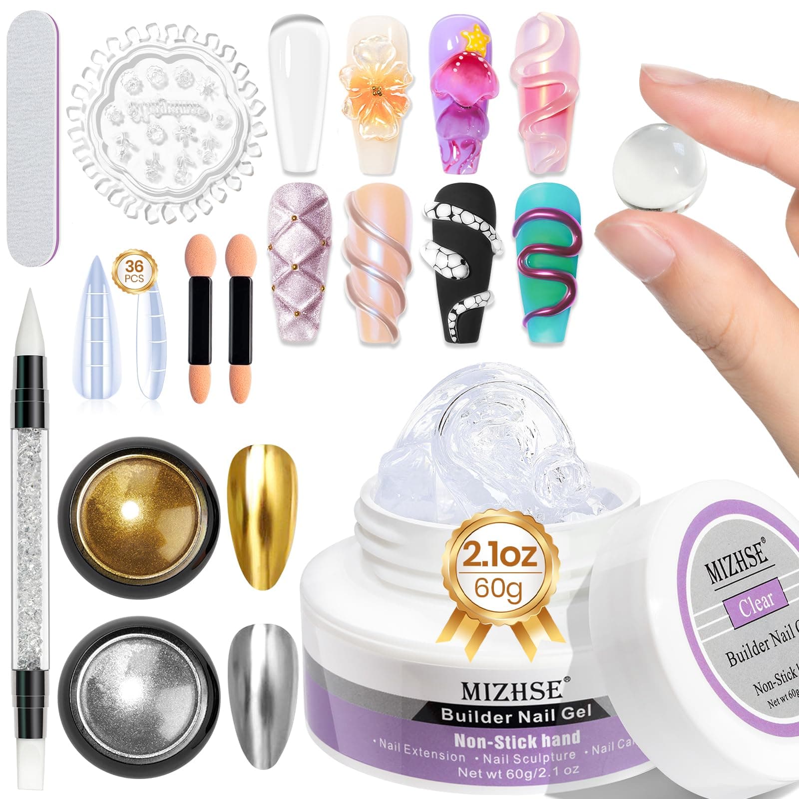 MIZHSE Solid Builder Gel for Nails, 60g Large Capacity, Clear 3D Sculpting, Hard, Non-Sticky Hand Carving UV/LED Extension Gels with 3D Mold for Nail Art Salon Home DIY