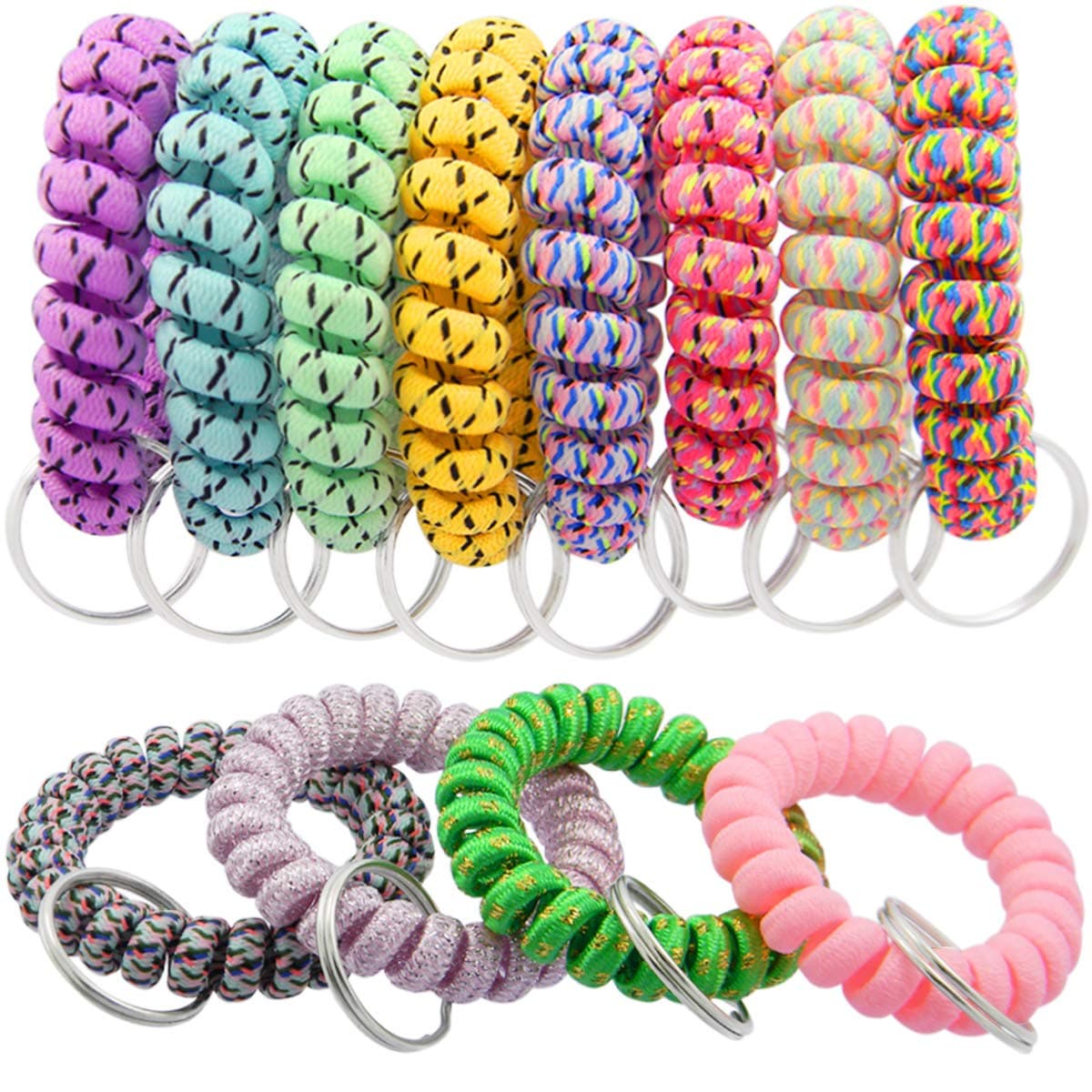 QY 12PCS New Version Bright Colorful Patterns Cloth Plastic Spiral Coil Wrist Band Key Ring Chain