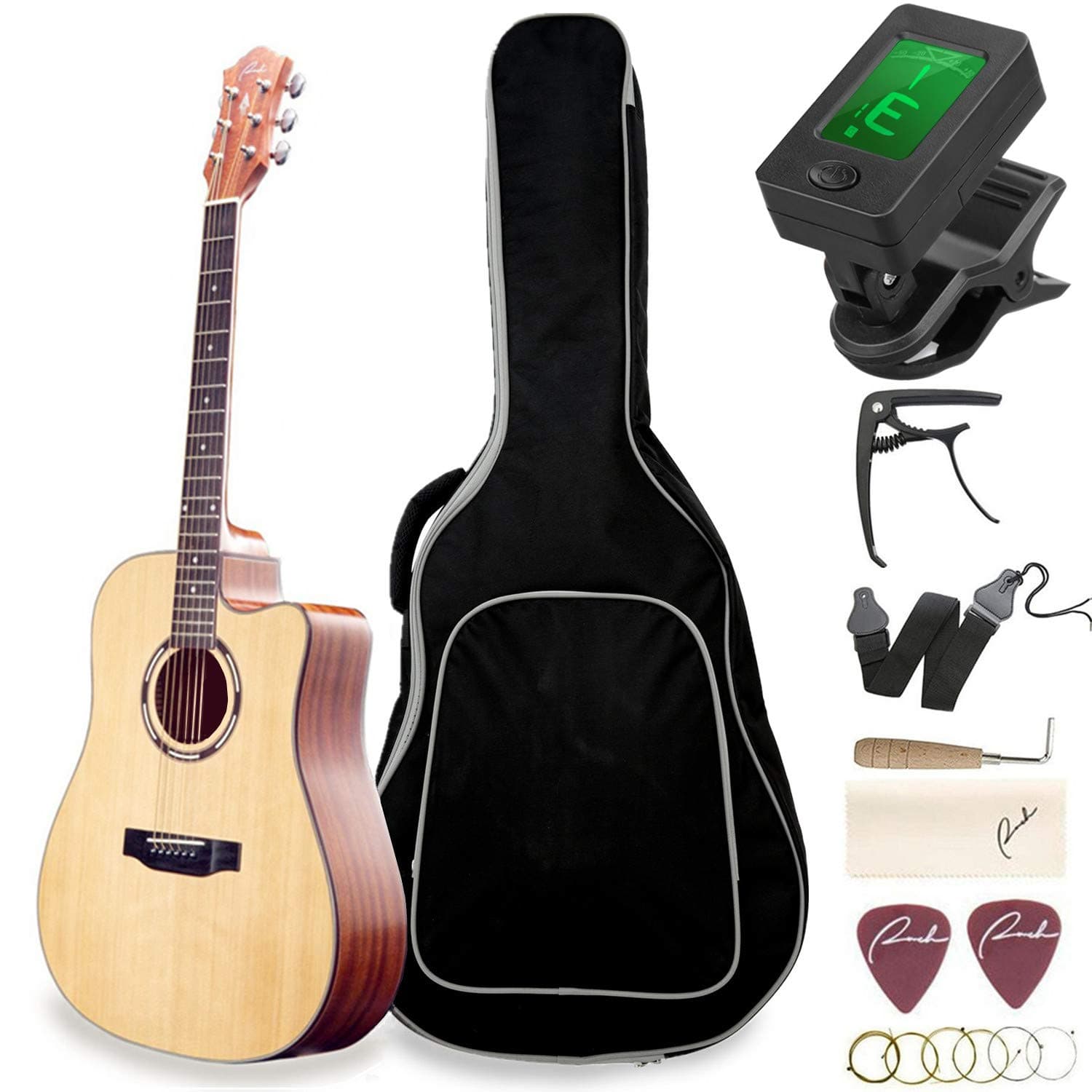 Beginner Acoustic Guitar Ranch 41" Full Size Solid Wood Cutaway Beginners Steel String Guitars Kit Bundle with Gig Bag/Tuner/Capo/Strings/Strap/Picks Set Starter Guitar Pack for Adults (Dreadnought)