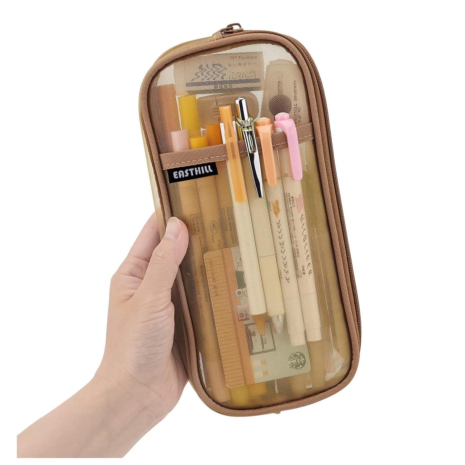 EASTHILL Grid Mesh Pen Pencil Case with Zipper Clear Makeup Color Pouch Cosmetics Bag Multi-Purpose Travel School Teen Girls Transparent Stationary Bag Office Organizer Box for Adluts(Khaki)