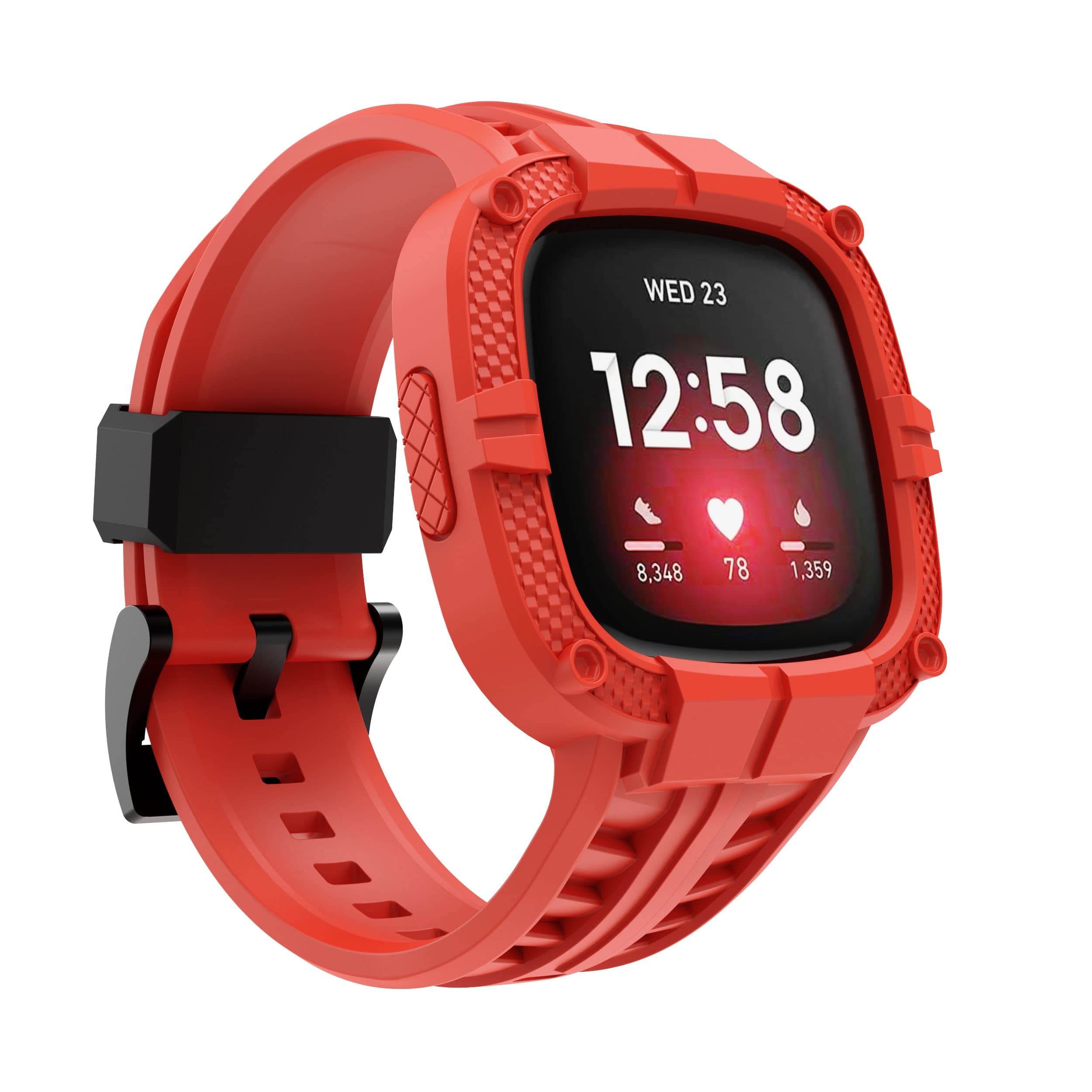 Compatible for Fitbit Versa 3/Fitbit Sense Bands with Bumper Case,Rugged Protective Band TPU Protector Case Wristband Strap Smart Watch Accessories for Men Women - Red