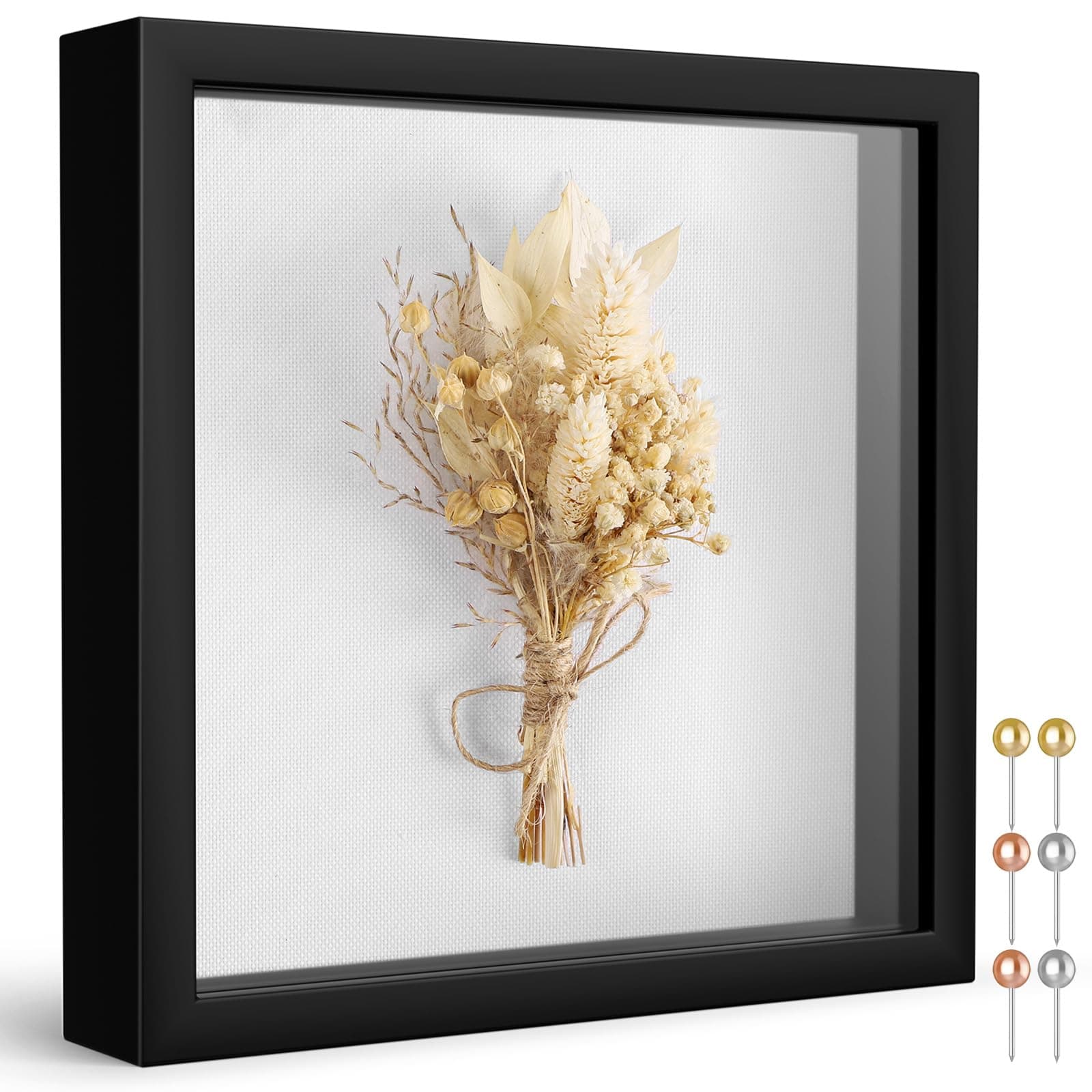 Califortree 8x8 Shadow Box Frame with Soft Linen Back - Push Pins Included, Memory Box Display Case for Flower, Tickets and 3D Items, Black
