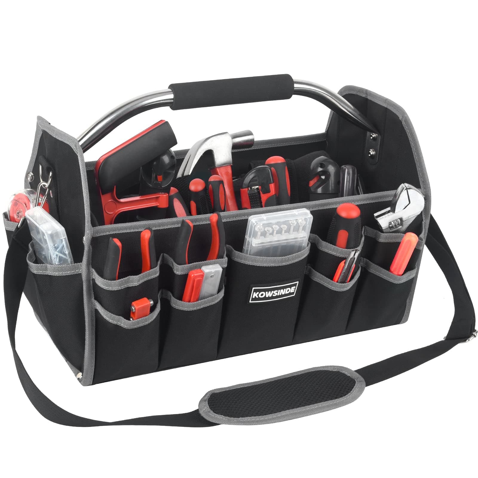 16 Inch Tool Bag, Electrician Tool Bag, Open Top Tool Bags, 26 Pockets Can Hold Many Tools, Steel Handle and Removable Shoulder Strap