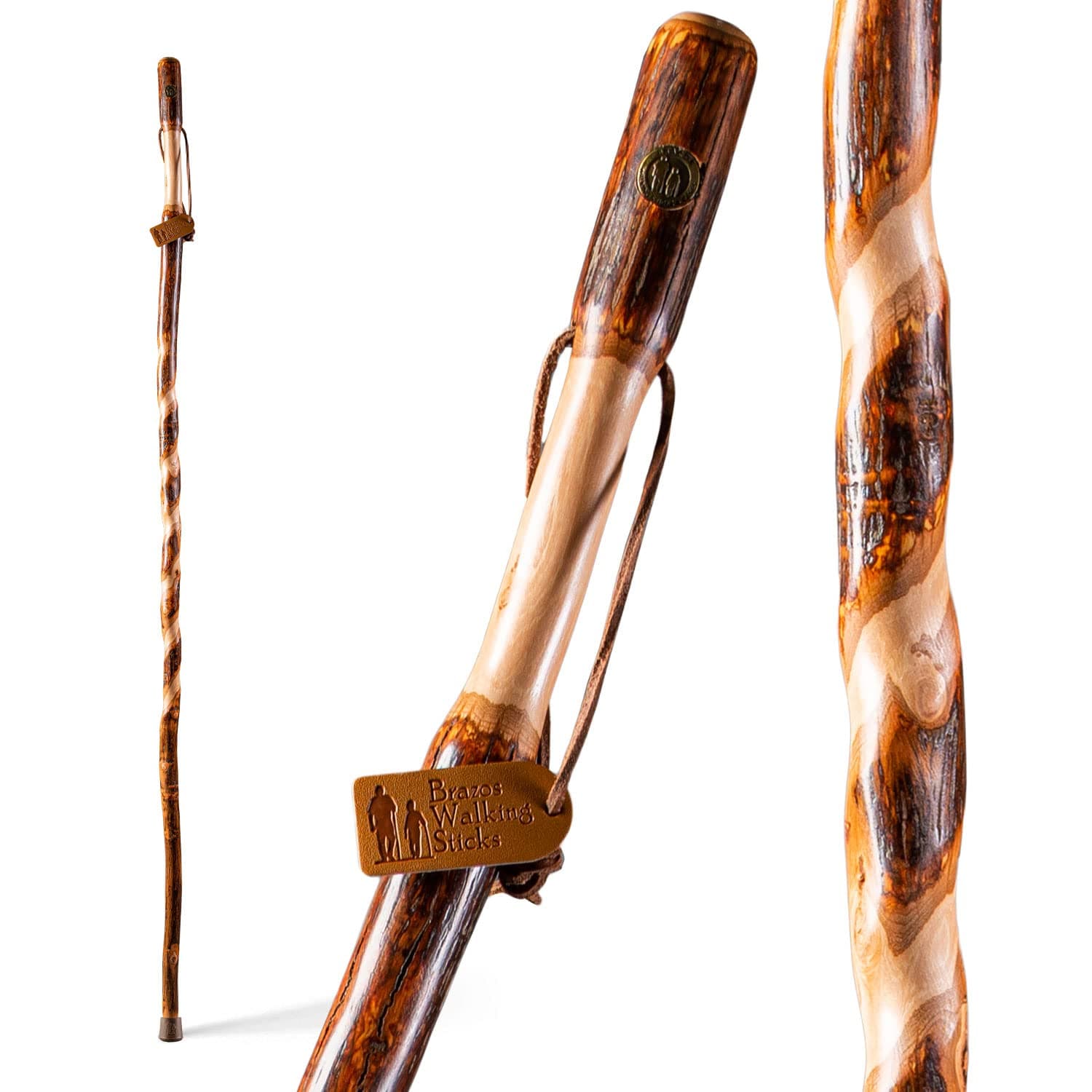 Brazos Rustic Wood Walking Stick, Twisted Hickory, Traditional Style Handle, for Men & Women, Made in The USA