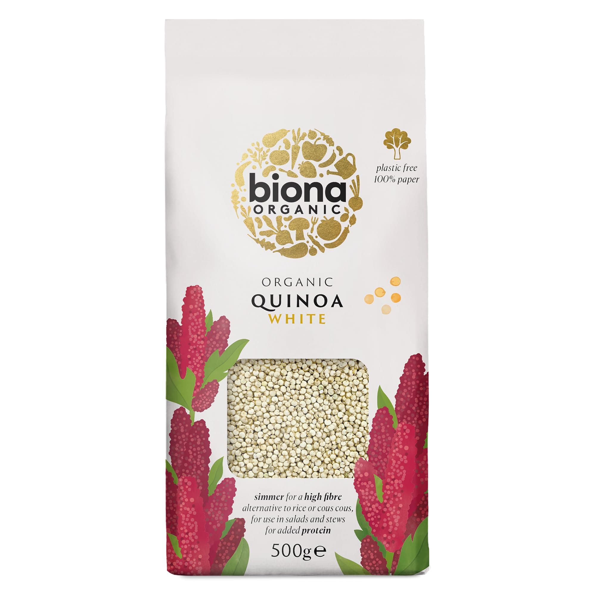 Biona Organic White Quinoa, 500g - Organically Grown Without GMOs -Wheat-free Alternative - Naturally Vegan & High in Fibre - Sustainable 100% Recyclable Paper Packaging -For Salads, Stews and Cooking