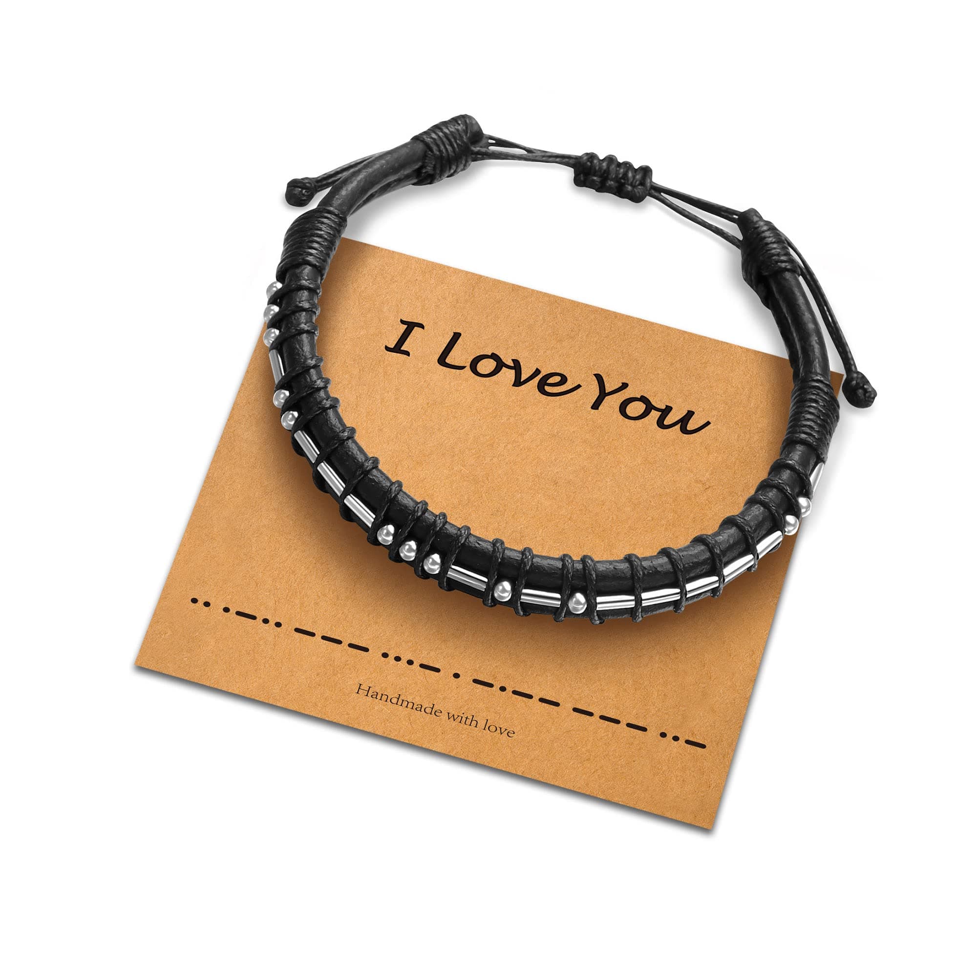 URSTARMorse Code Bracelets for Men, 18K Real Gold Plated Beads on Black Leather Bracelet, Inspirational Unique Birthday Christmas Gifts for Teen Boys