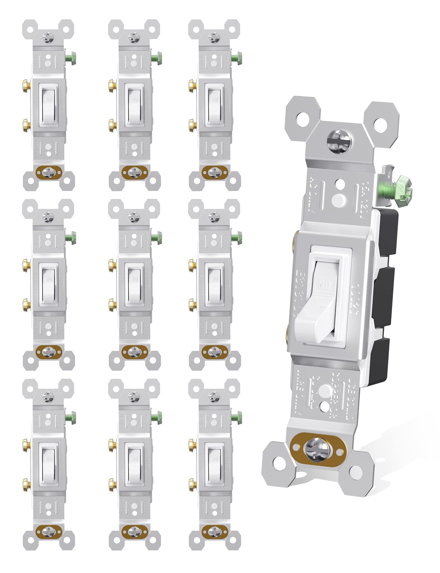 15 Amp Single Pole Quiet Indoor Toggle Switch Self-Grounding ON Off, Residential Grade, UL Listed, Quickwire Push-in & Side Wired (White, 10 Pack)