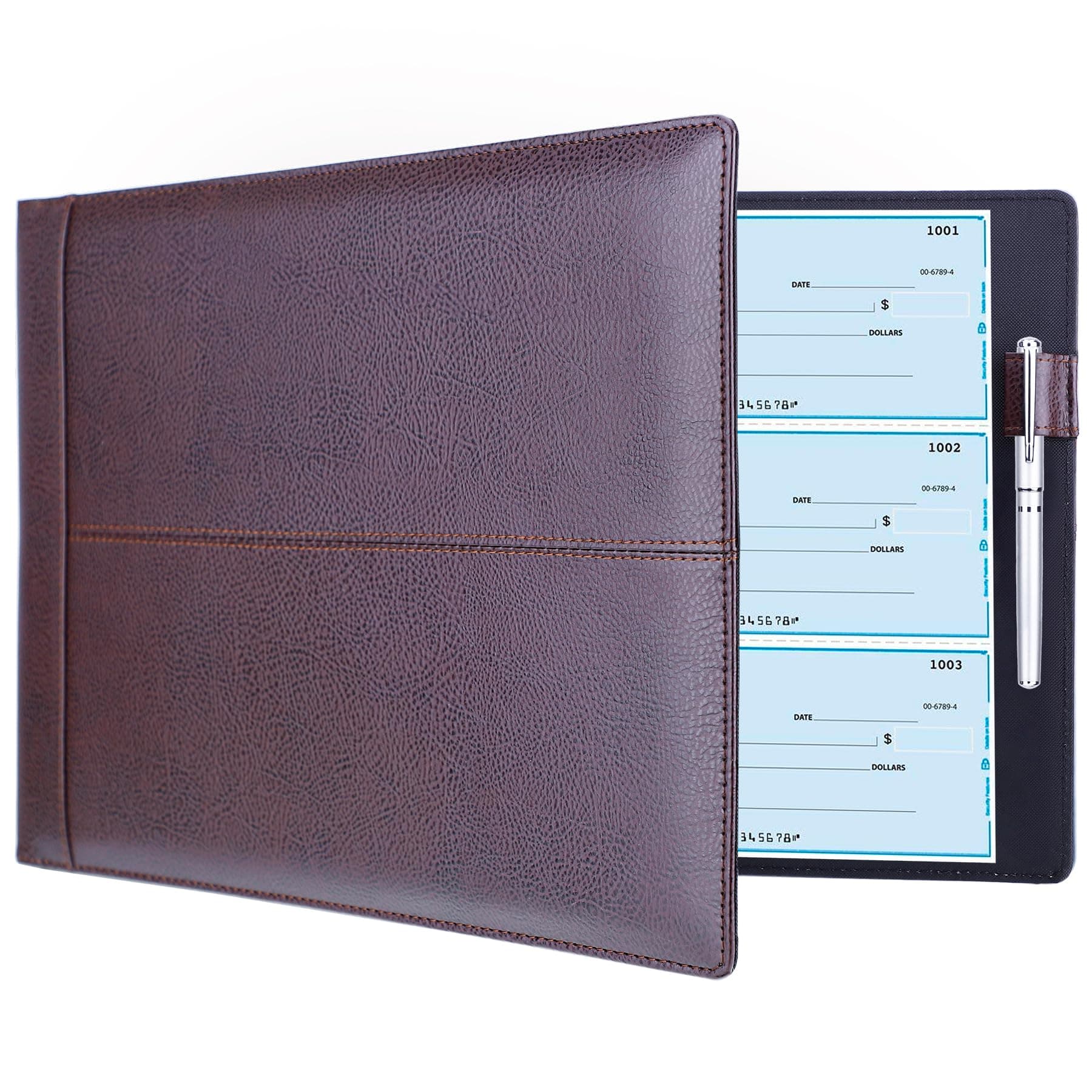 Antner 7 Ring Business Checkbook Binder for Business Checks, 600 Checks Capacity, PU Leather Check Book Binder Cover with Zipper Pouch, Executive Organizer Portfolio Holder for 9" x 13" Sheets, Coffee