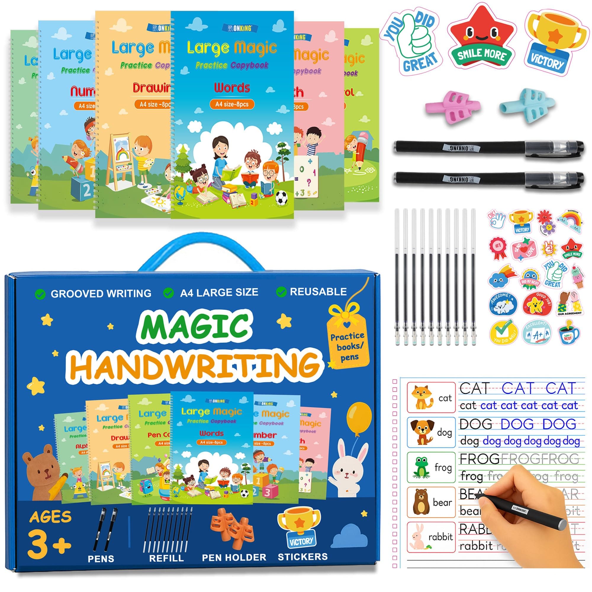 Monking Large Magic Practice Copybook for Kids,Handwriting Grooved Practice Book 6 Pack with Pen Refill English Cursive Calligraphy Reusable Age 3-8
