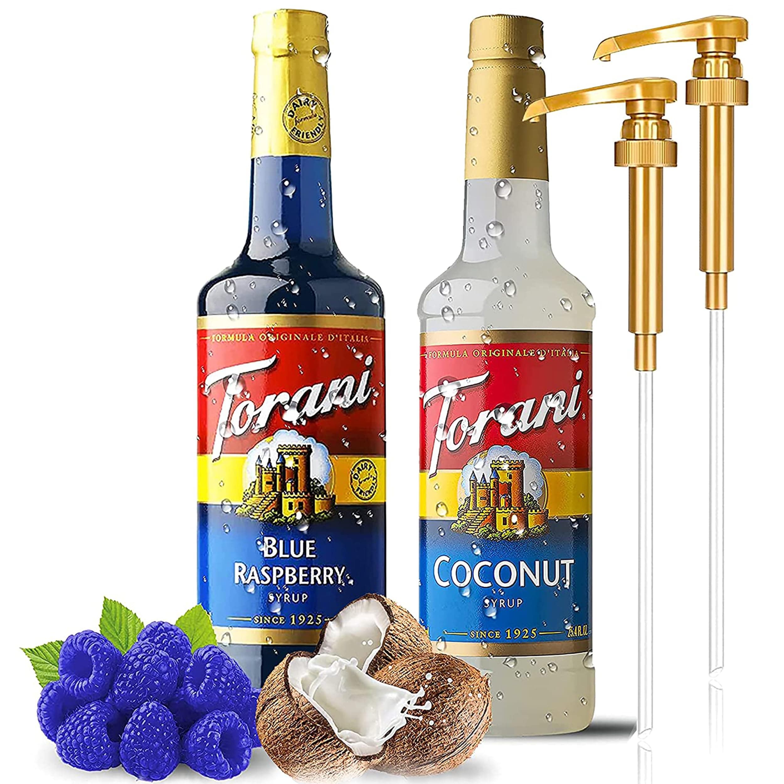 Jimoco Torani Coffee Syrup Variety Pack - Blue Raspberry and Coconut Syrup for Coffee with 2 Syrup Pump Dispenser Compatible with Torani Syrup