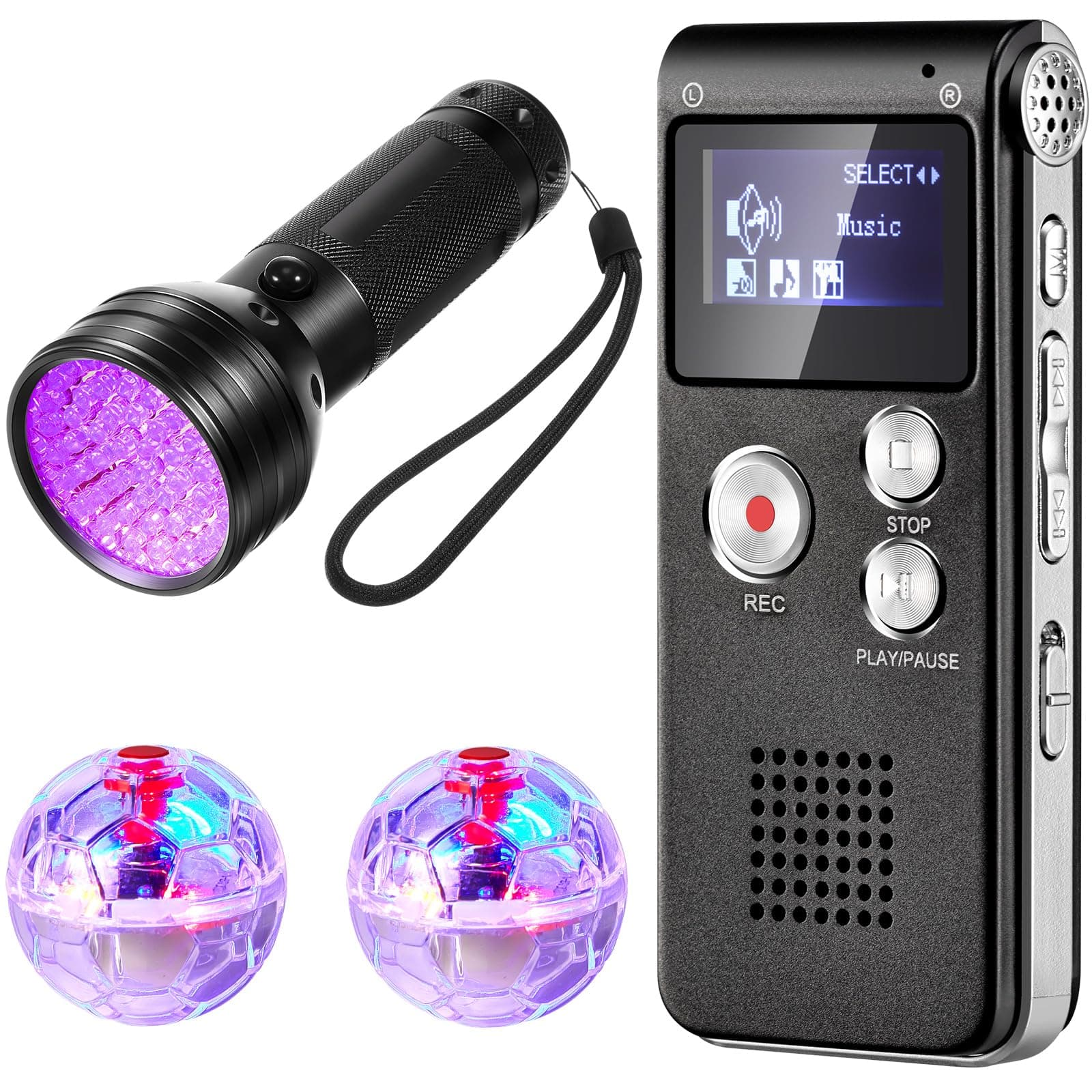 Dunzy 4 Pcs Ghost Hunting Equipment Kit Include 1 EVP Voice Recorder 8 Gb 1 UV Flashlight 2 LED Light up Cat Balls Ghost Investigation Paranormal Equipment for Home Outdoor Inspection(Black,Classic)
