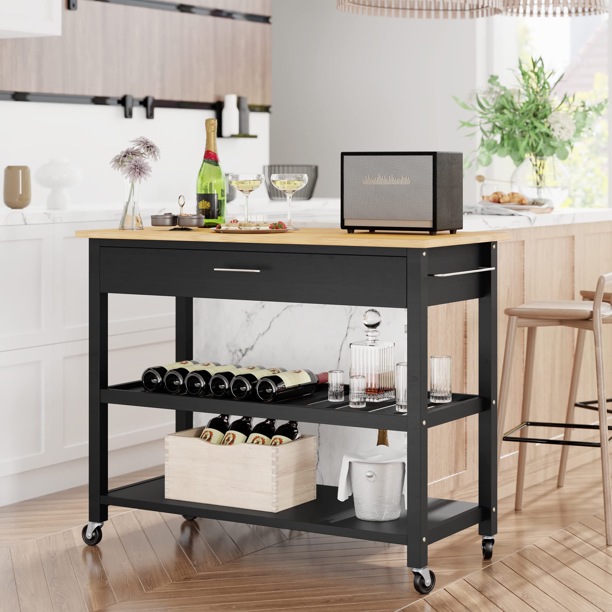 Kitchen Island Cart with Storage,Rolling Kitchen Island Side Table on Wheels with Large Worktop,Storage Cabinet,Towel Rack,Drawers and Open Shelves for Kitchen,Dinning Room,Black