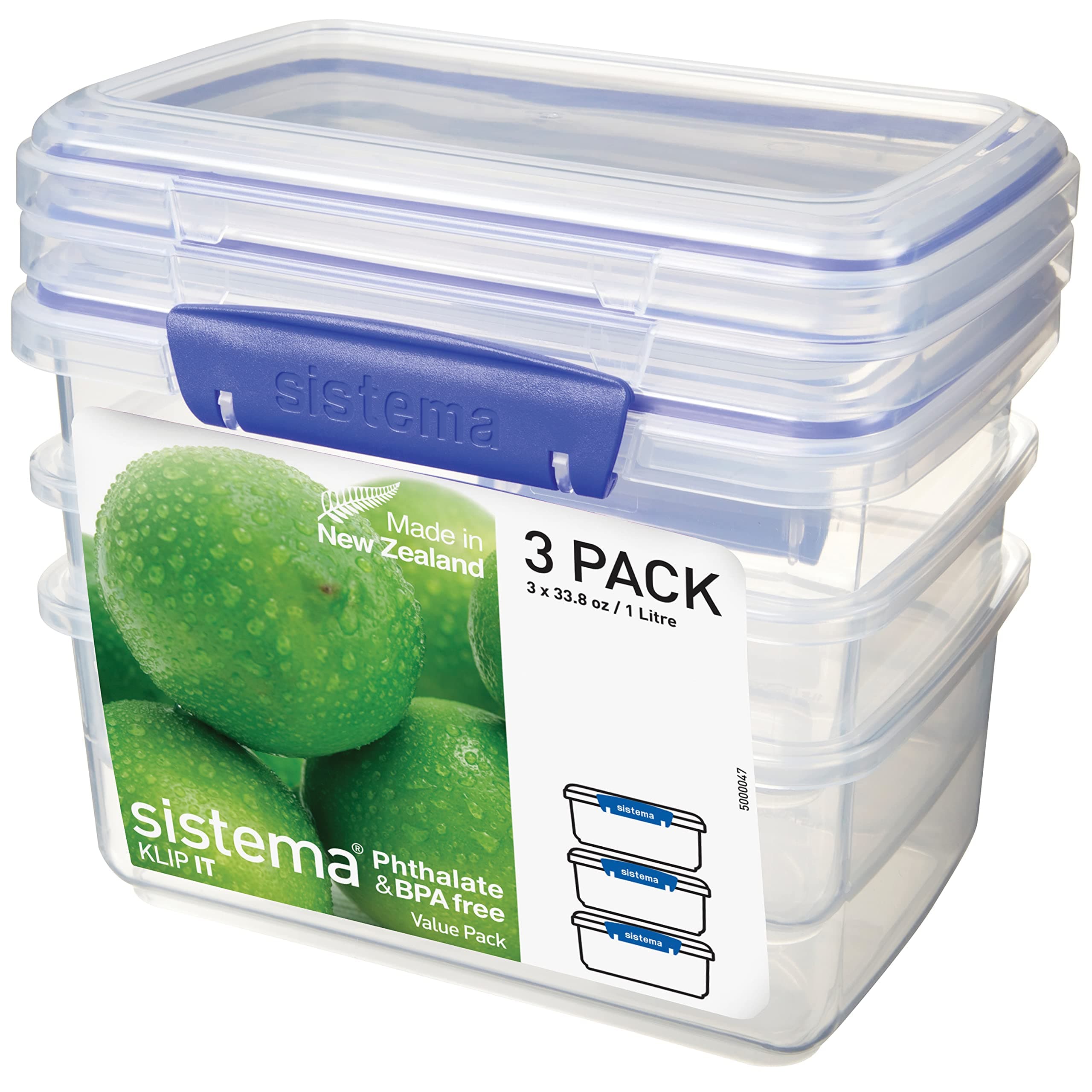 Sistema KLIP IT Food Storage Containers | 1 L | Stackable Food Prep Container with Clip-Close Lids | BPA-Free | Blue Clips | 3 Count