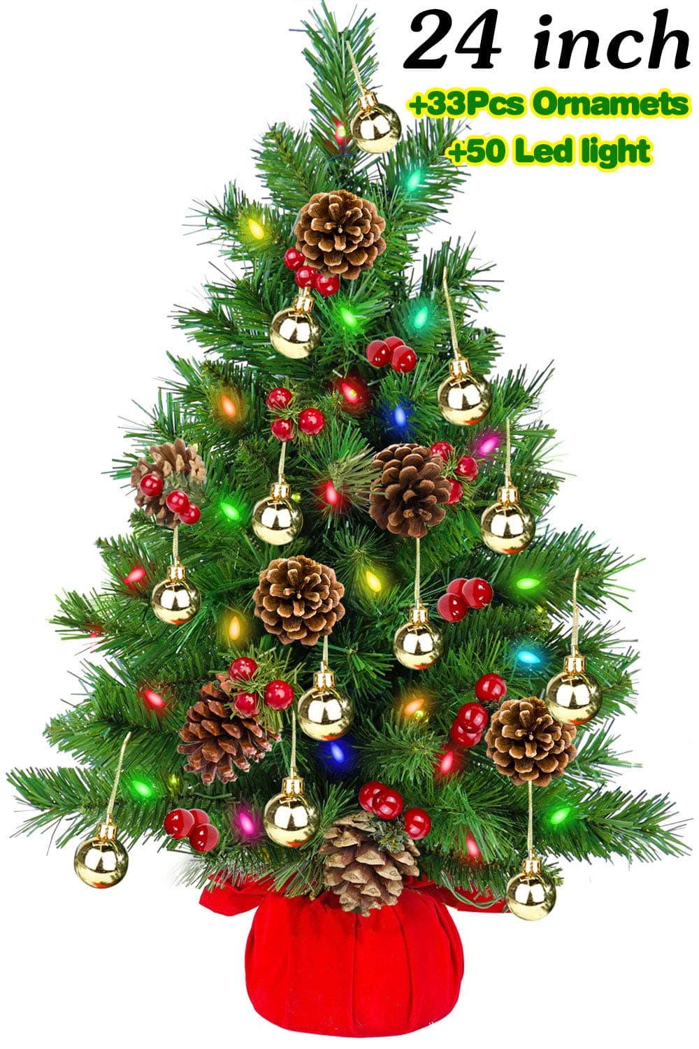 24 Inch Tabletop Xmas Tree, Artificial Mini Christmas Tree with 18 Golden Ball Ornaments,5 Pine Cone,30 Berries Ornaments,50 LED String Light for Christmas Holiday Party Xmas Decor
