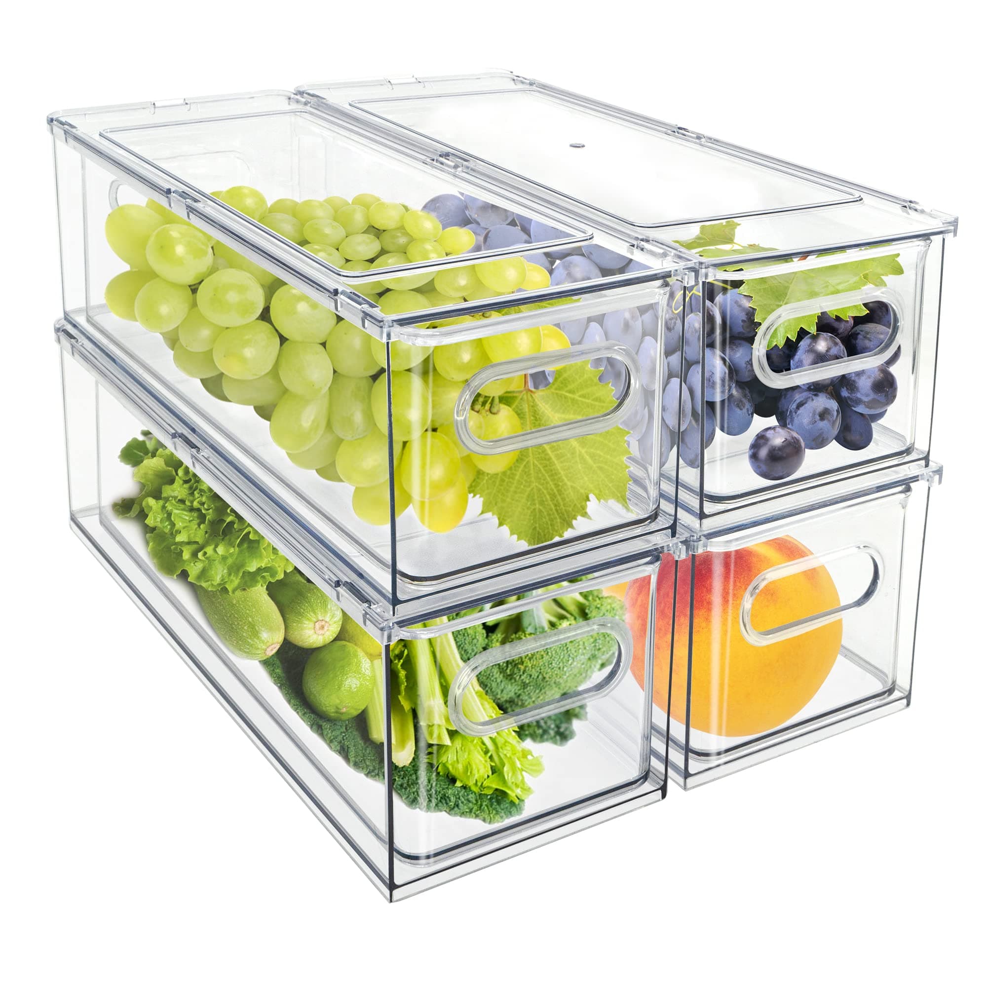 MineSign 4Pack Stackable Fridge Drawers Pull-out Storage Bins with Handle Clear Food Container for Refrigerator Plastic Dresser Organizer Fruit&Veggie Keeper for Freezer Cabinet Kitchen Organization
