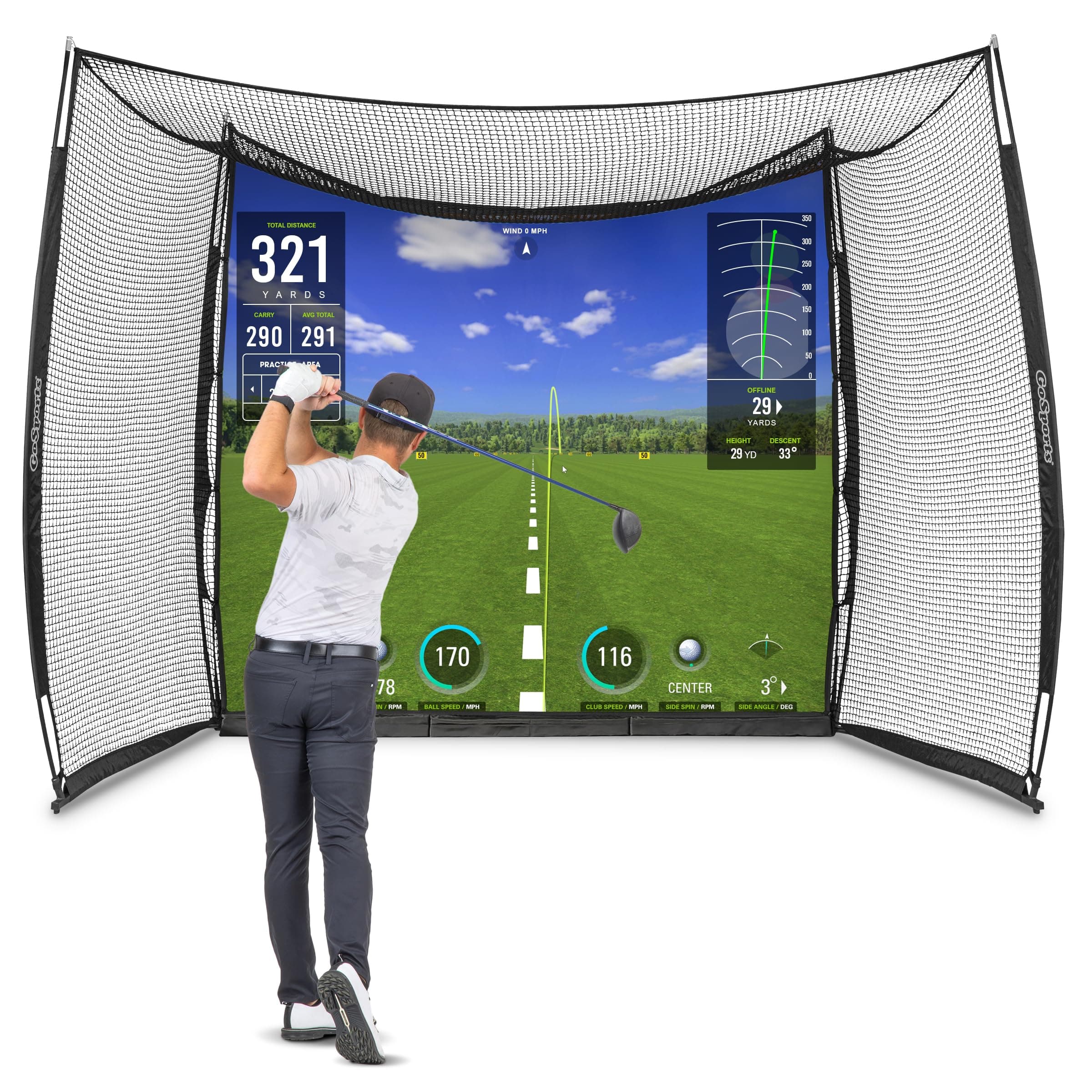Range Cage 10 ft x 8 ft Golf Practice Hitting Net with Impact Screen – Choose Printed Graphics or Blank Simulator Screen