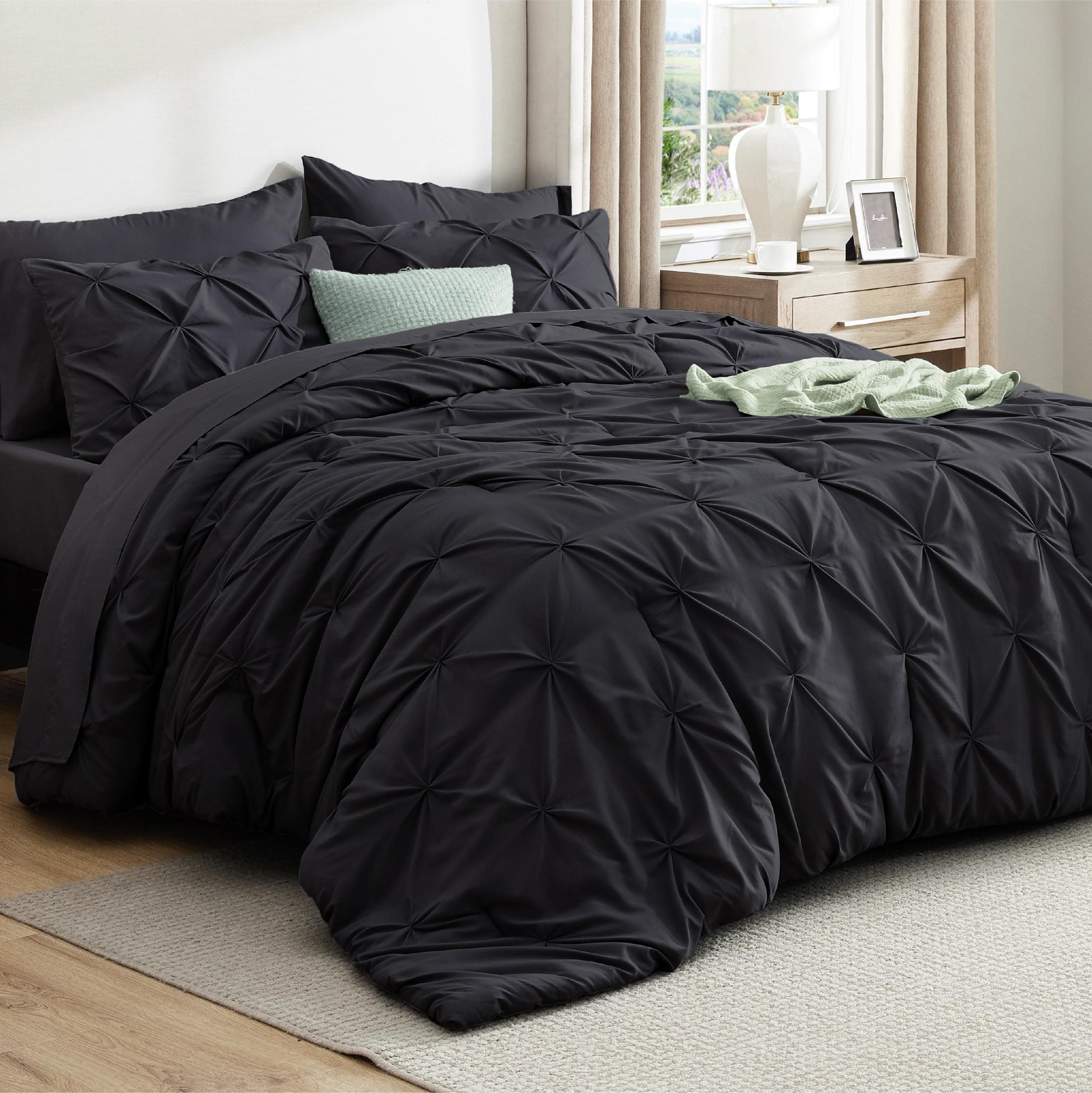 Full Comforter Set Black - Bed in a Bag Full Size Bedding Set 7 Pieces, GentleSoft™ Pintuck Bed Set Gift for Family, Pinch Pleat All Season Comforter with Sheets, Pillowcases & Shams